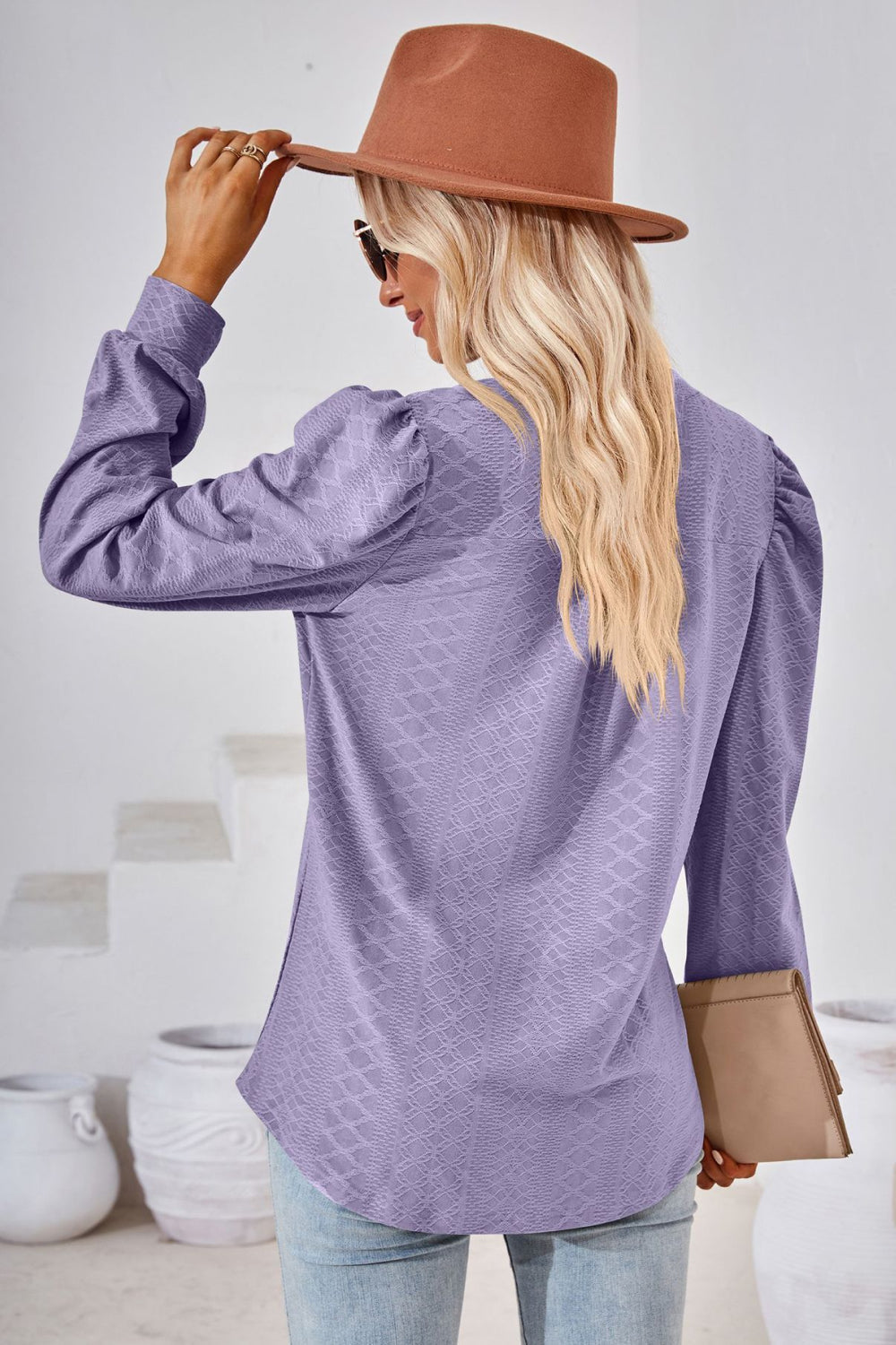 V-Neck Puff Sleeve Blouse BLUE ZONE PLANET