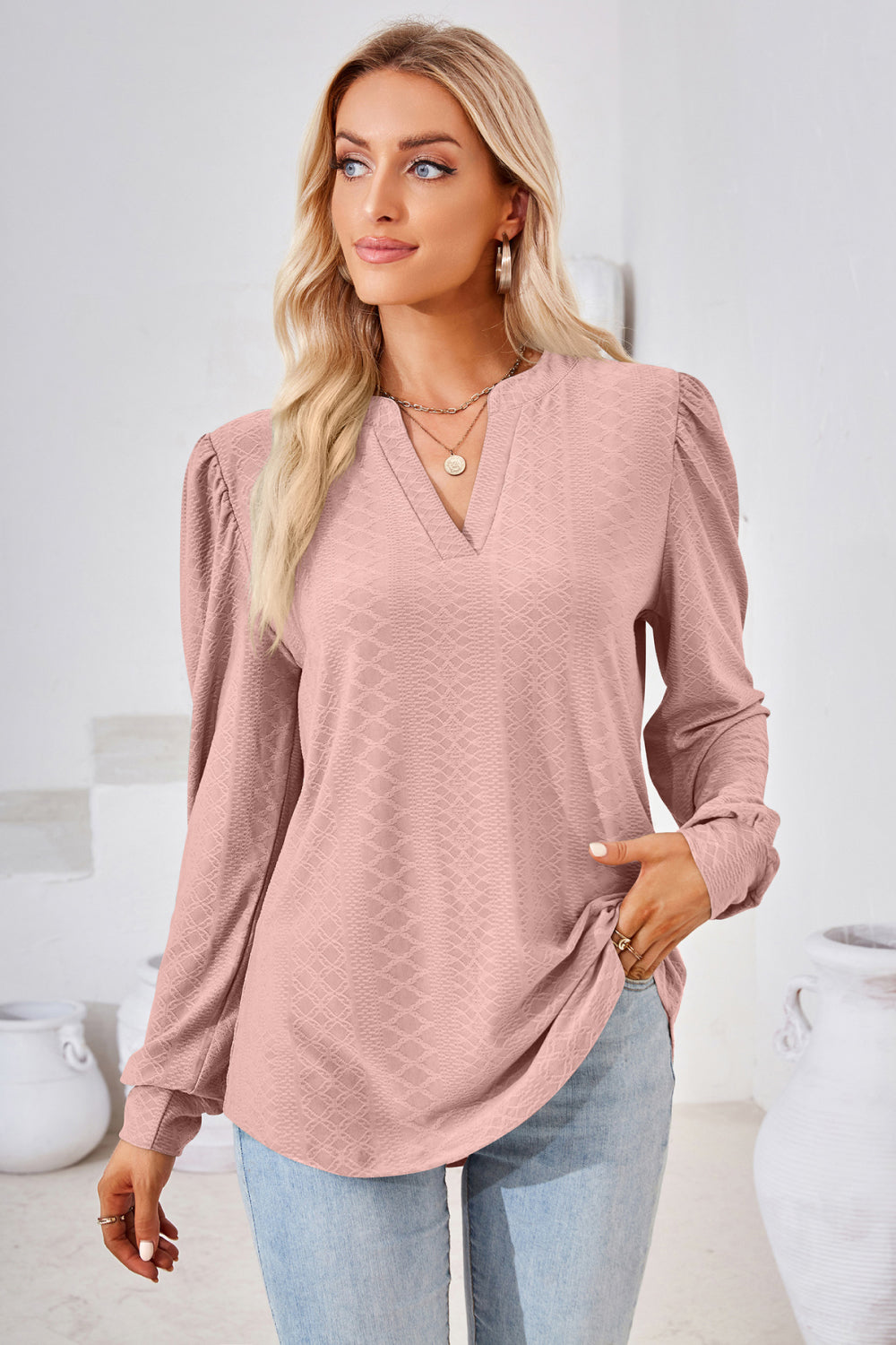 V-Neck Puff Sleeve Blouse BLUE ZONE PLANET