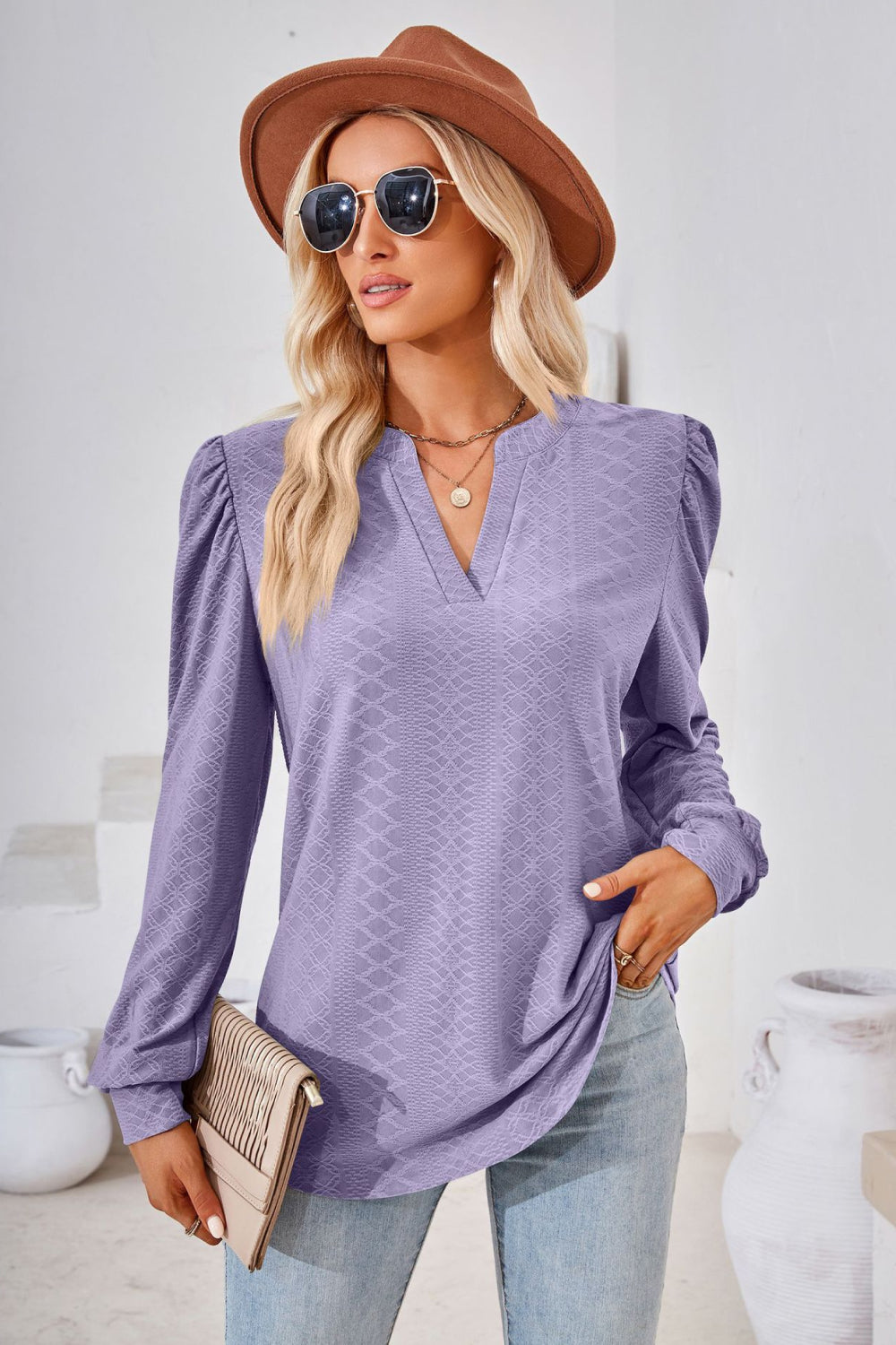 V-Neck Puff Sleeve Blouse BLUE ZONE PLANET