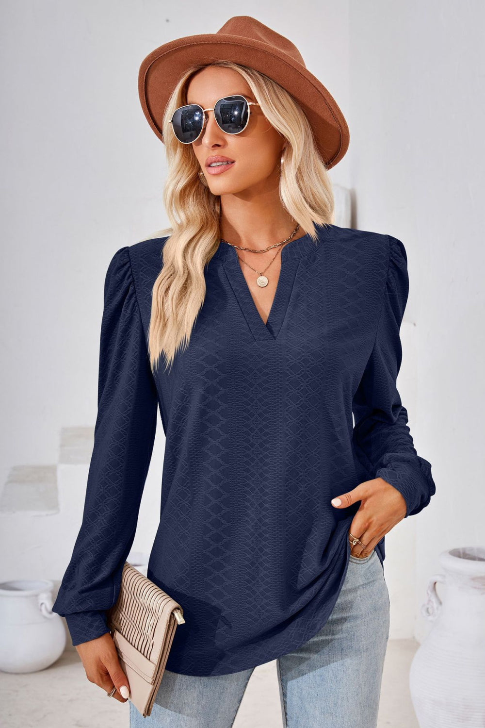 V-Neck Puff Sleeve Blouse BLUE ZONE PLANET