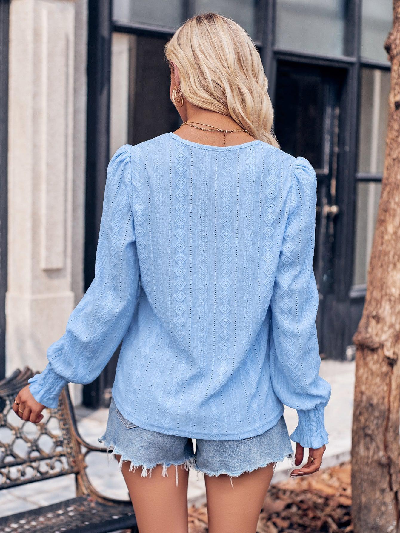 V-Neck Puff Sleeve Blouse BLUE ZONE PLANET