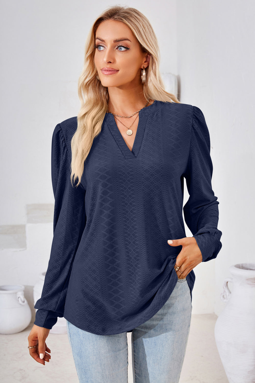 V-Neck Puff Sleeve Blouse BLUE ZONE PLANET