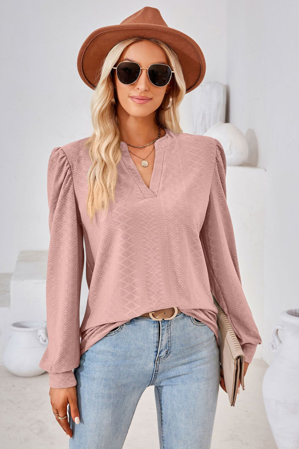 V-Neck Puff Sleeve Blouse BLUE ZONE PLANET