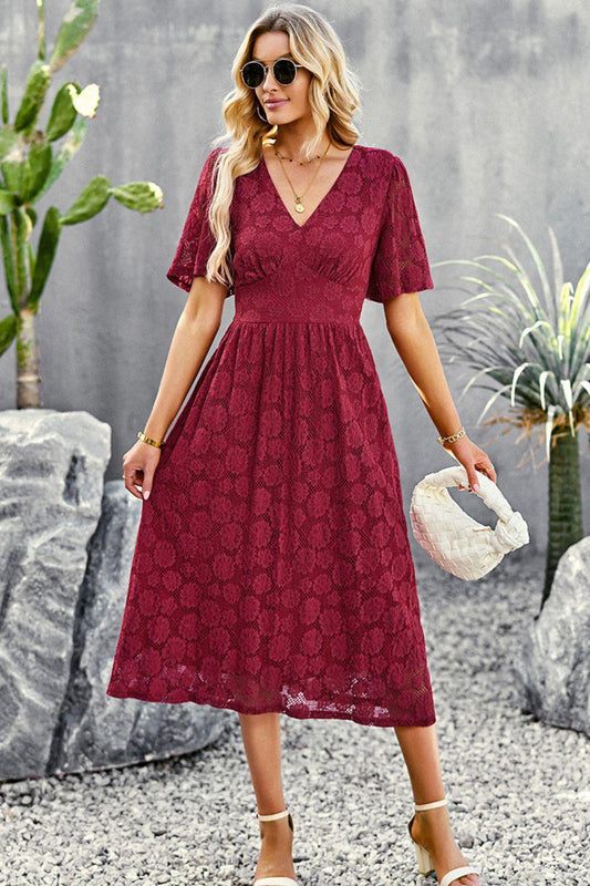 V-Neck Puff Sleeve Lace Midi Dress-TOPS / DRESSES-[Adult]-[Female]-Deep Red-S-2022 Online Blue Zone Planet