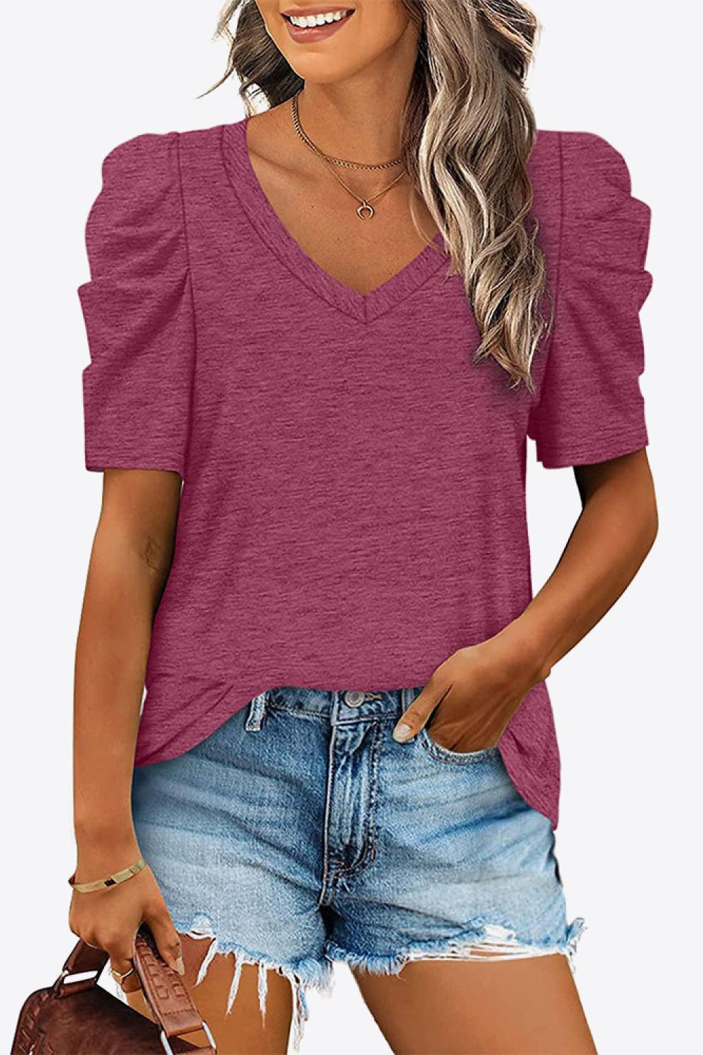 V-Neck Puff Sleeve Tee BLUE ZONE PLANET