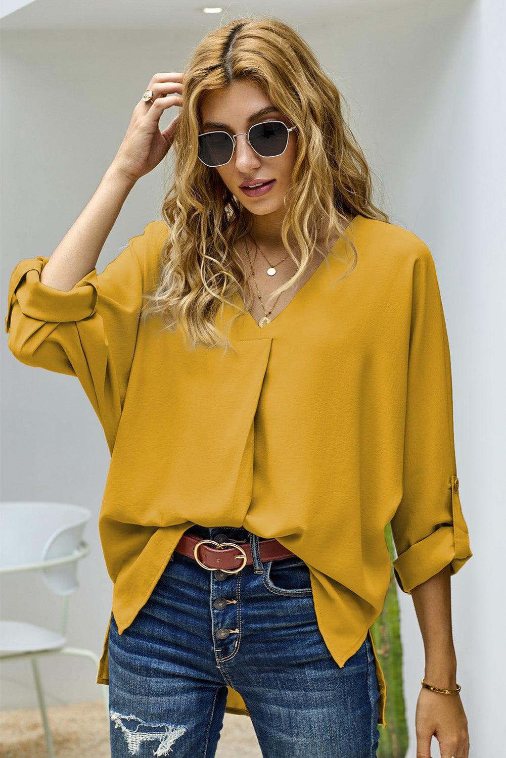 V-Neck Roll-Tab Sleeve Blouse BLUE ZONE PLANET