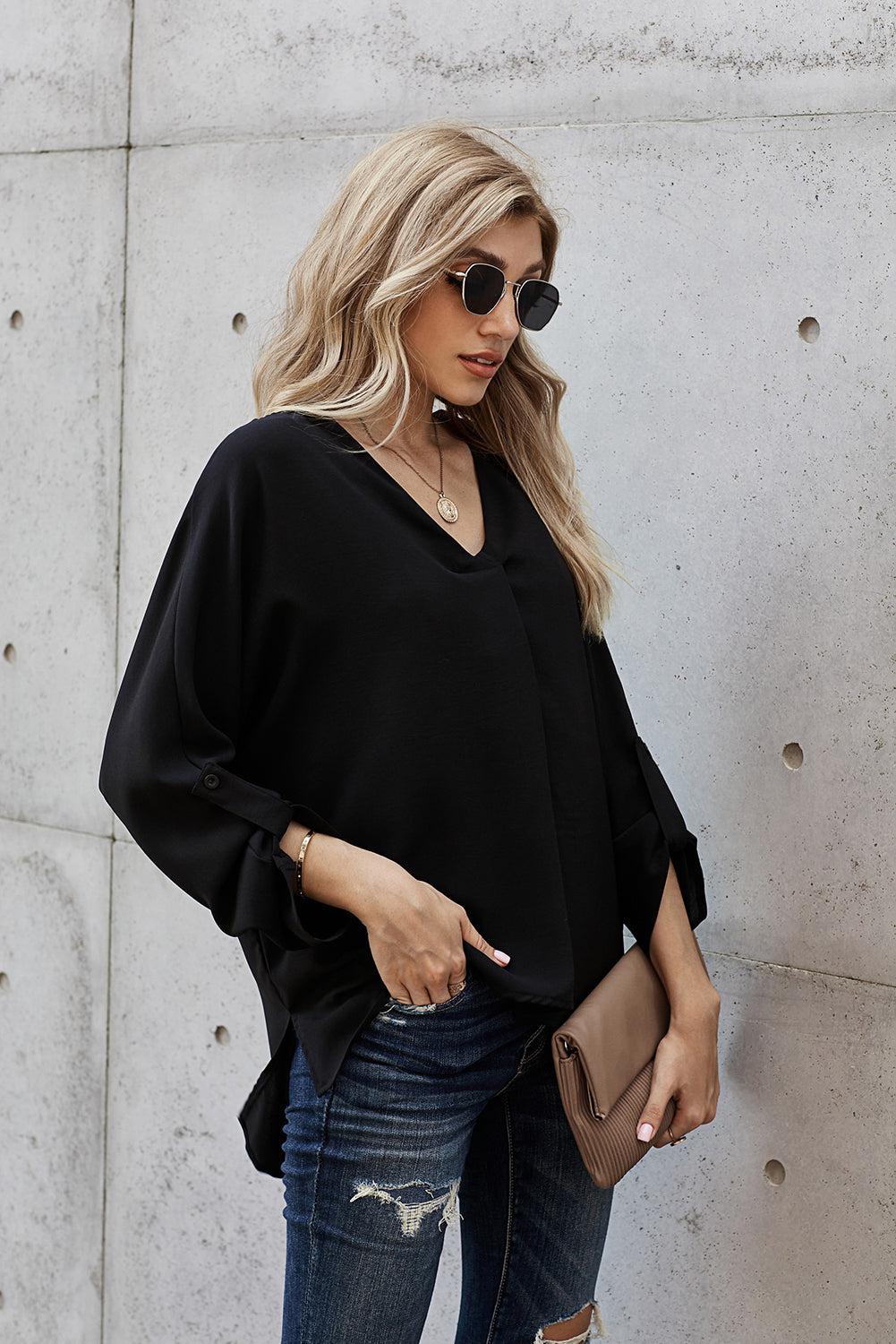 V-Neck Roll-Tab Sleeve Blouse BLUE ZONE PLANET