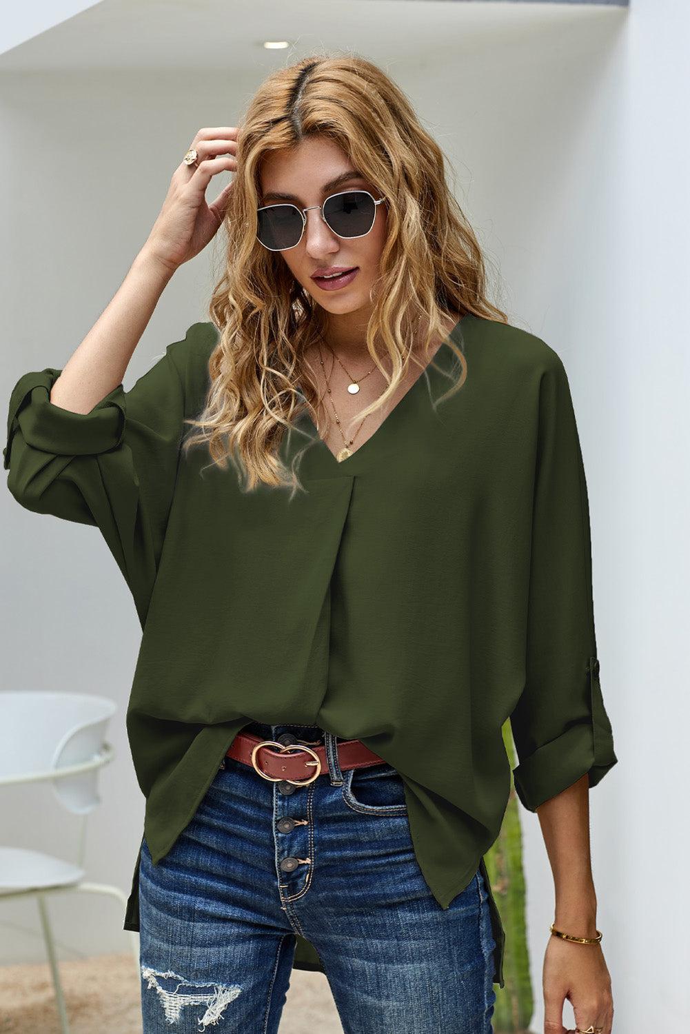 V-Neck Roll-Tab Sleeve Blouse BLUE ZONE PLANET