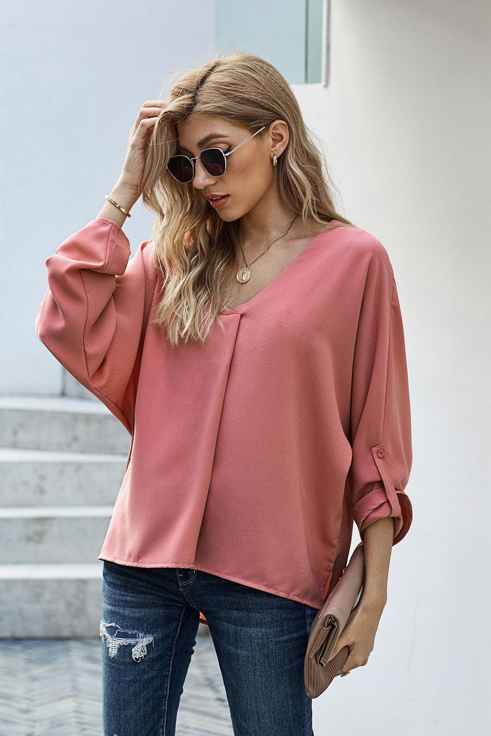 V-Neck Roll-Tab Sleeve Blouse BLUE ZONE PLANET