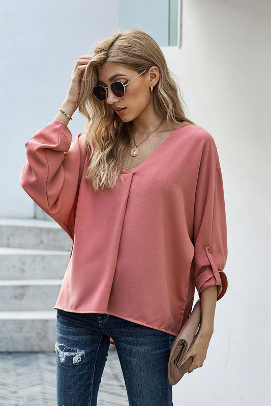 V-Neck Roll-Tab Sleeve Blouse BLUE ZONE PLANET