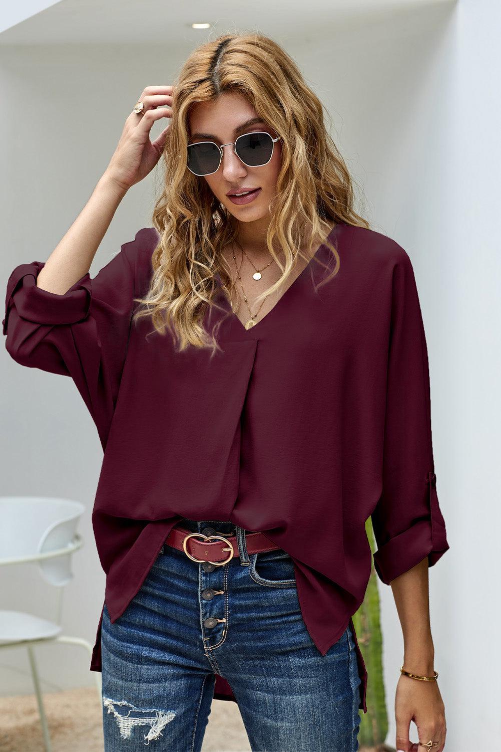 V-Neck Roll-Tab Sleeve Blouse BLUE ZONE PLANET