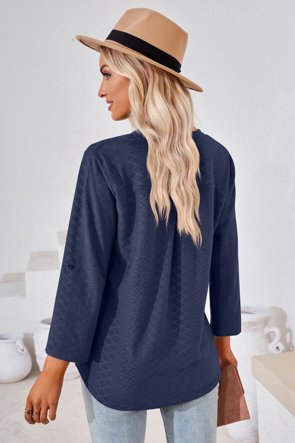 V-Neck Roll-Tap Sleeve Blouse BLUE ZONE PLANET