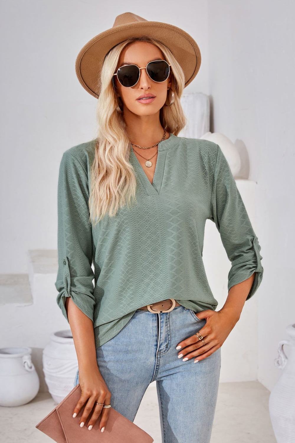 V-Neck Roll-Tap Sleeve Blouse BLUE ZONE PLANET