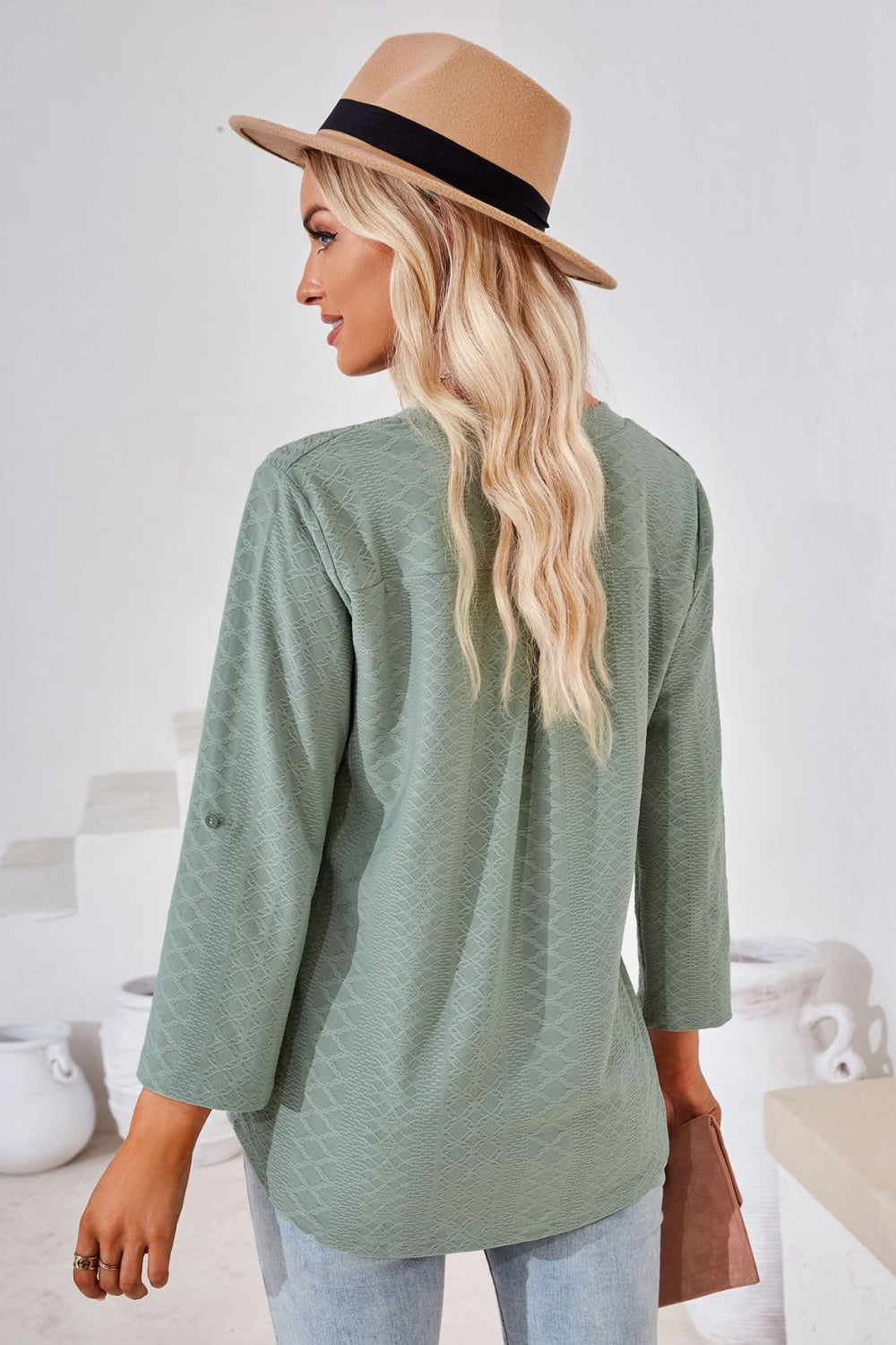 V-Neck Roll-Tap Sleeve Blouse BLUE ZONE PLANET