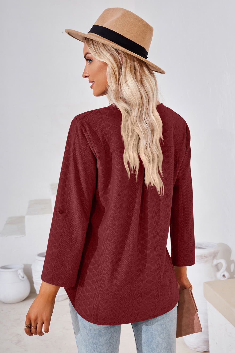 V-Neck Roll-Tap Sleeve Blouse BLUE ZONE PLANET