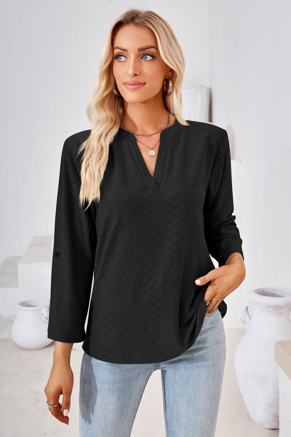 V-Neck Roll-Tap Sleeve Blouse BLUE ZONE PLANET