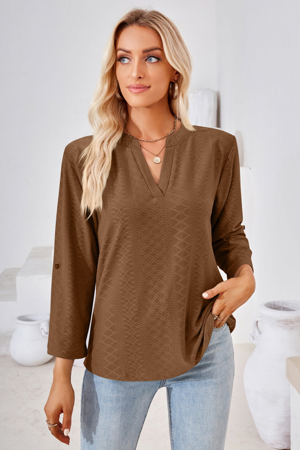 V-Neck Roll-Tap Sleeve Blouse BLUE ZONE PLANET