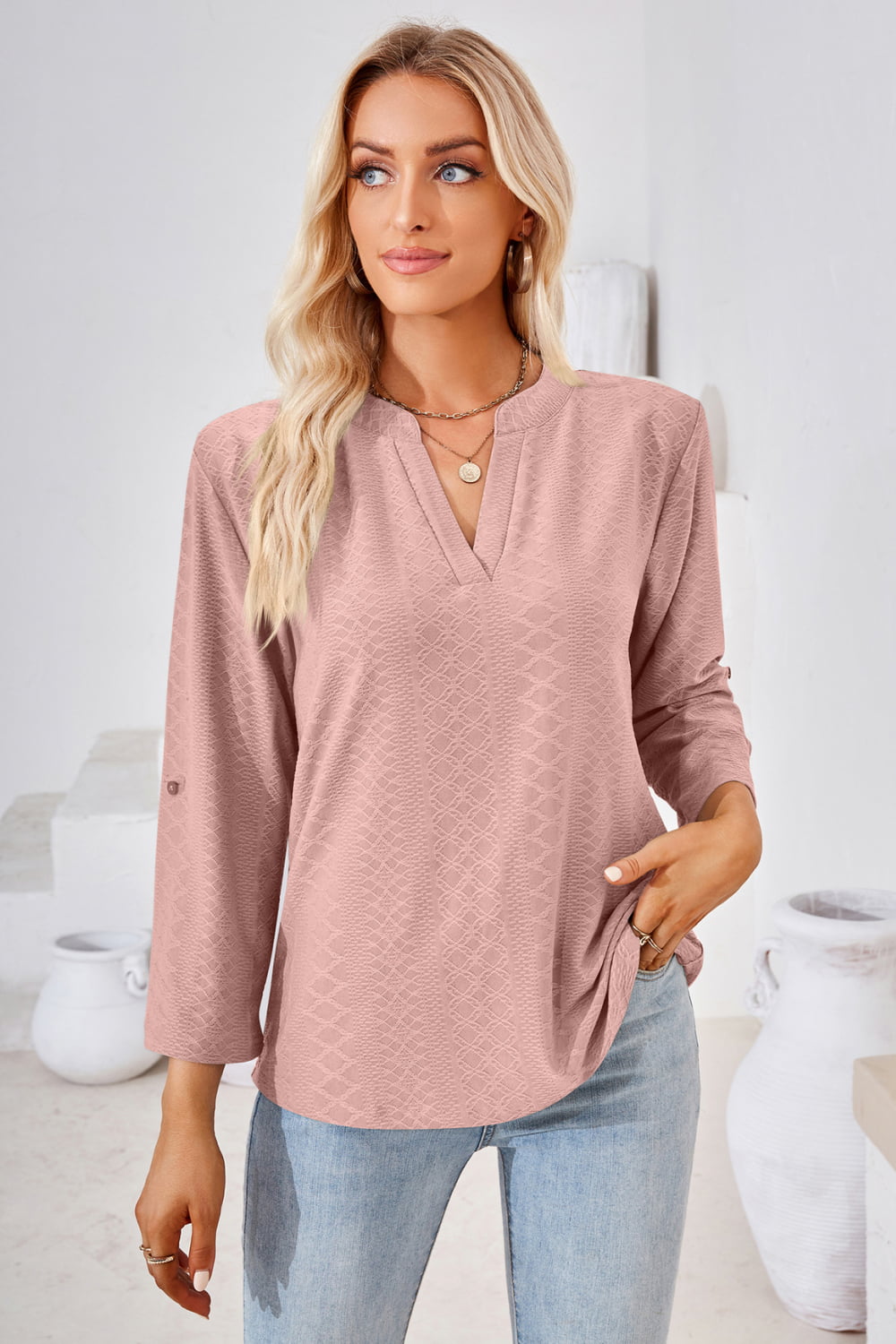 V-Neck Roll-Tap Sleeve Blouse BLUE ZONE PLANET