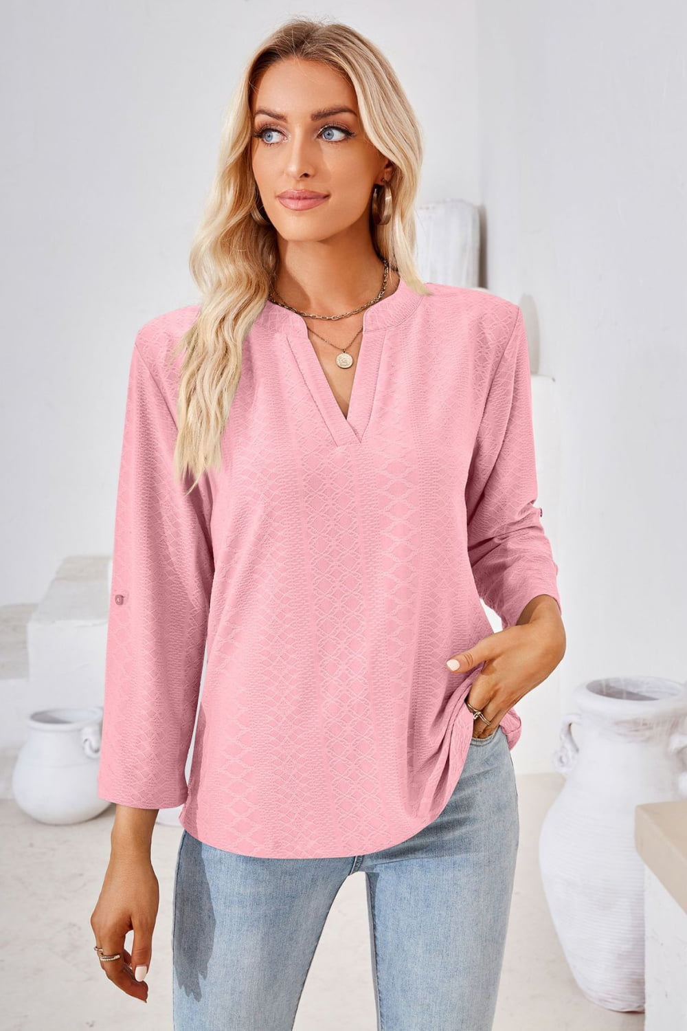 V-Neck Roll-Tap Sleeve Blouse BLUE ZONE PLANET