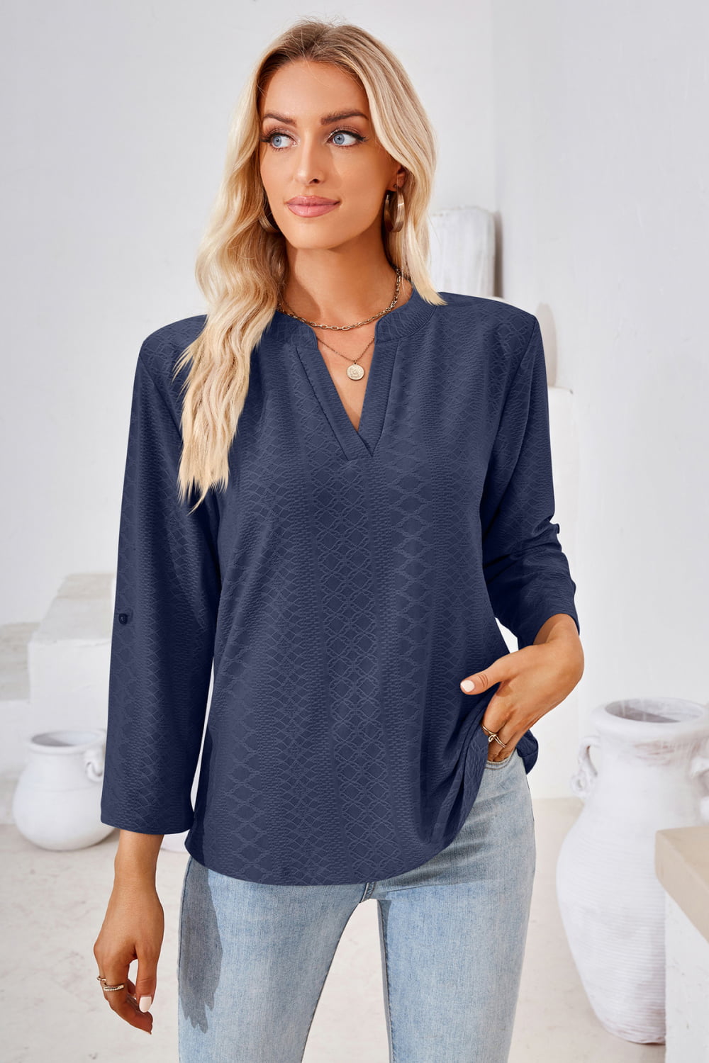 V-Neck Roll-Tap Sleeve Blouse BLUE ZONE PLANET