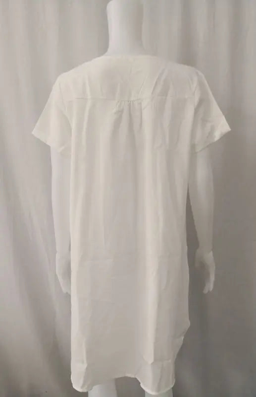 V-Neck Rolled Short Sleeve Gathered Curved Linen Dress kakaclo