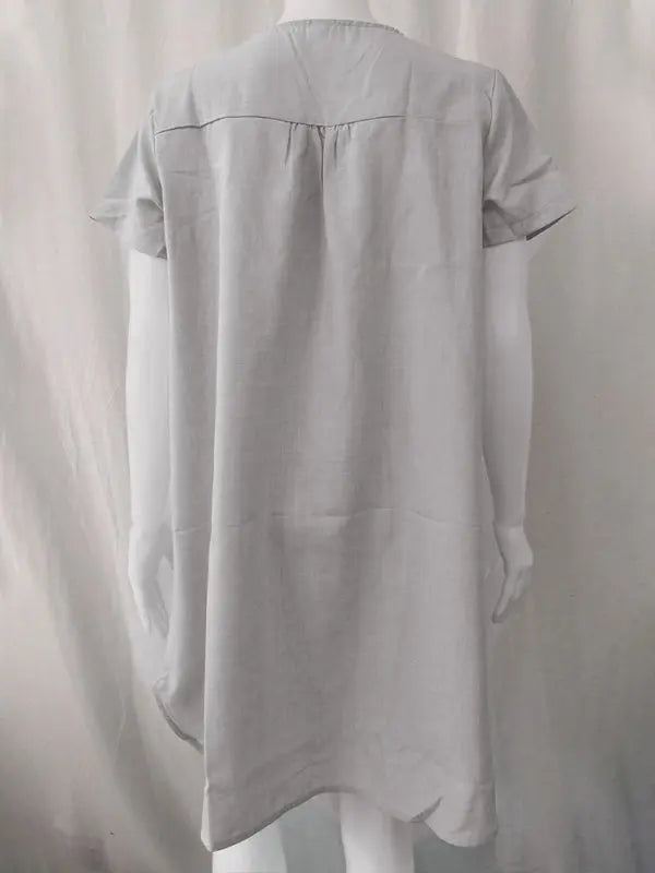 V-Neck Rolled Short Sleeve Gathered Curved Linen Dress kakaclo