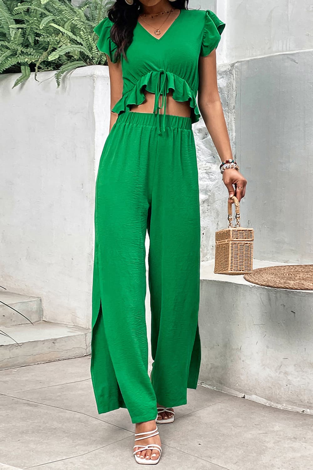 V-Neck Ruffle Hem Top and Slit Pants Set BLUE ZONE PLANET