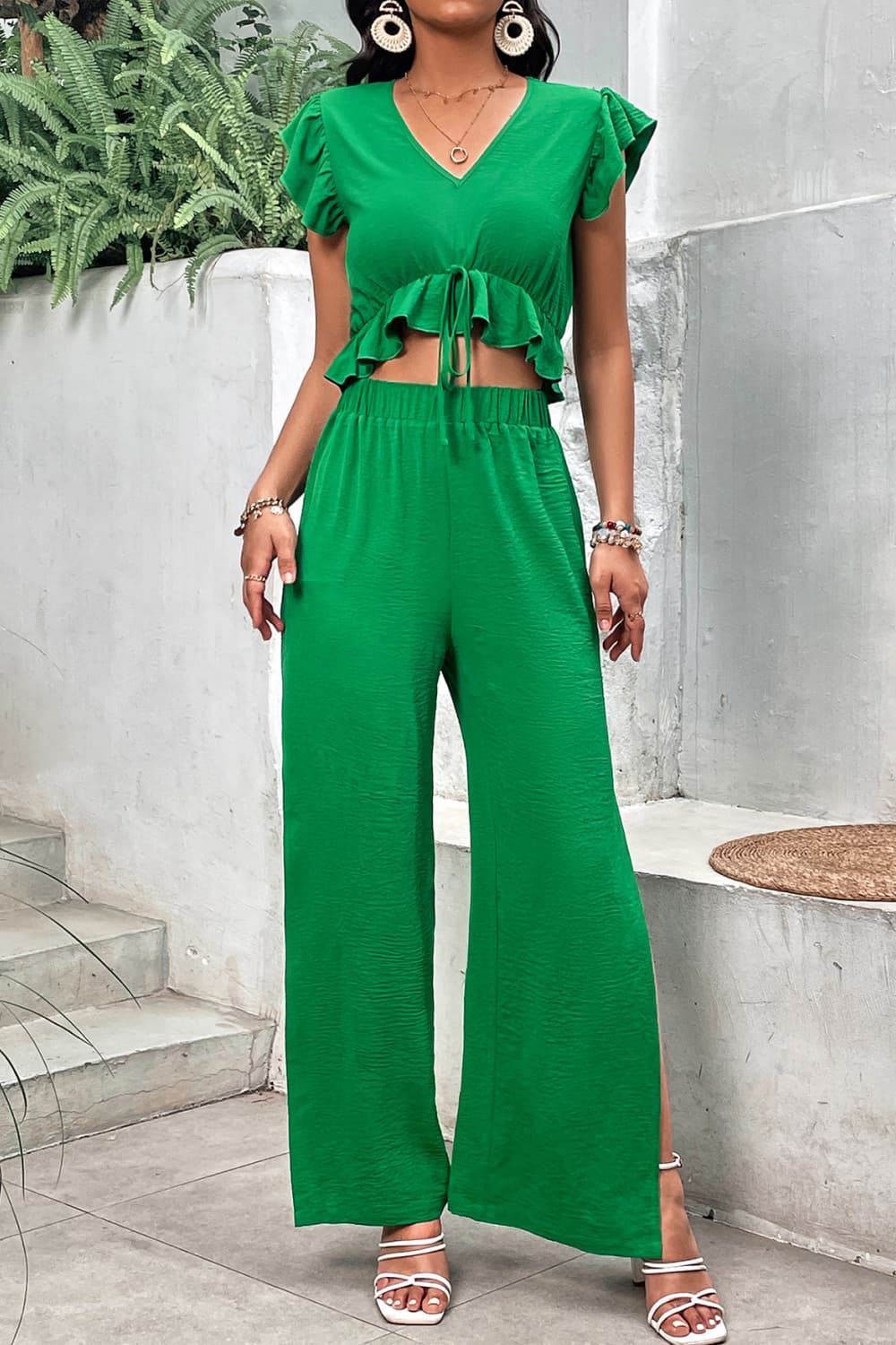 V-Neck Ruffle Hem Top and Slit Pants Set BLUE ZONE PLANET