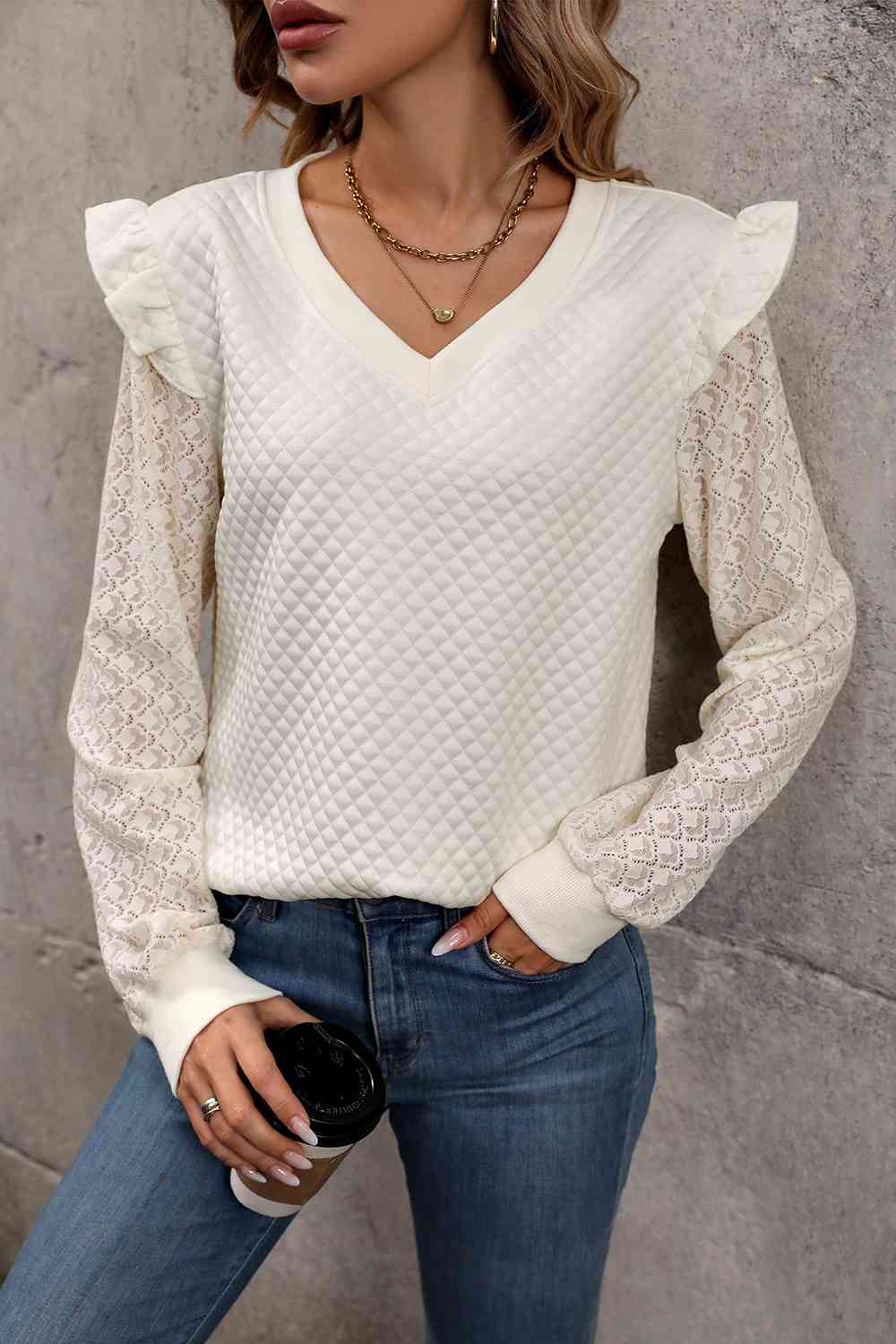 V-Neck Ruffle Trim Long Sleeve Sweatshirt BLUE ZONE PLANET