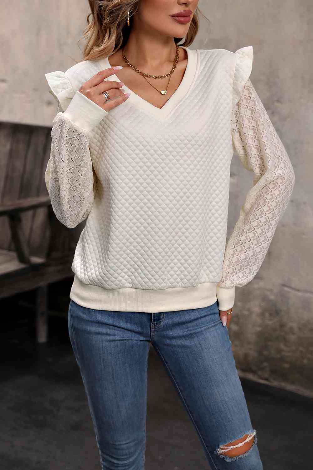 V-Neck Ruffle Trim Long Sleeve Sweatshirt BLUE ZONE PLANET