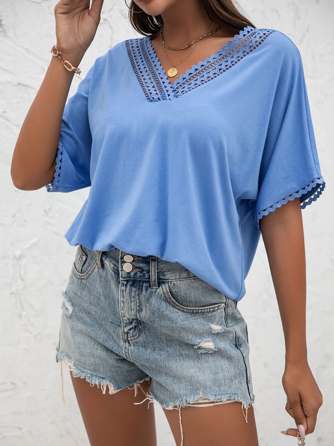 V-Neck Short Sleeve Blouse BLUE ZONE PLANET