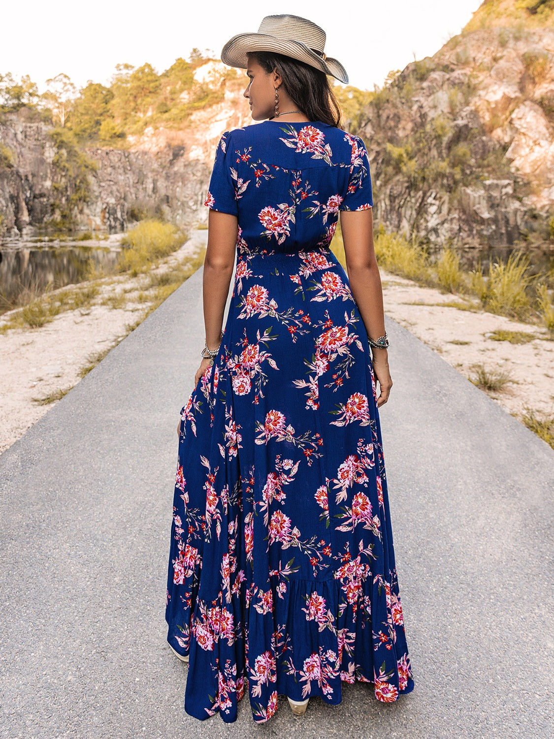 V-Neck Short Sleeve Maxi Dress BLUE ZONE PLANET