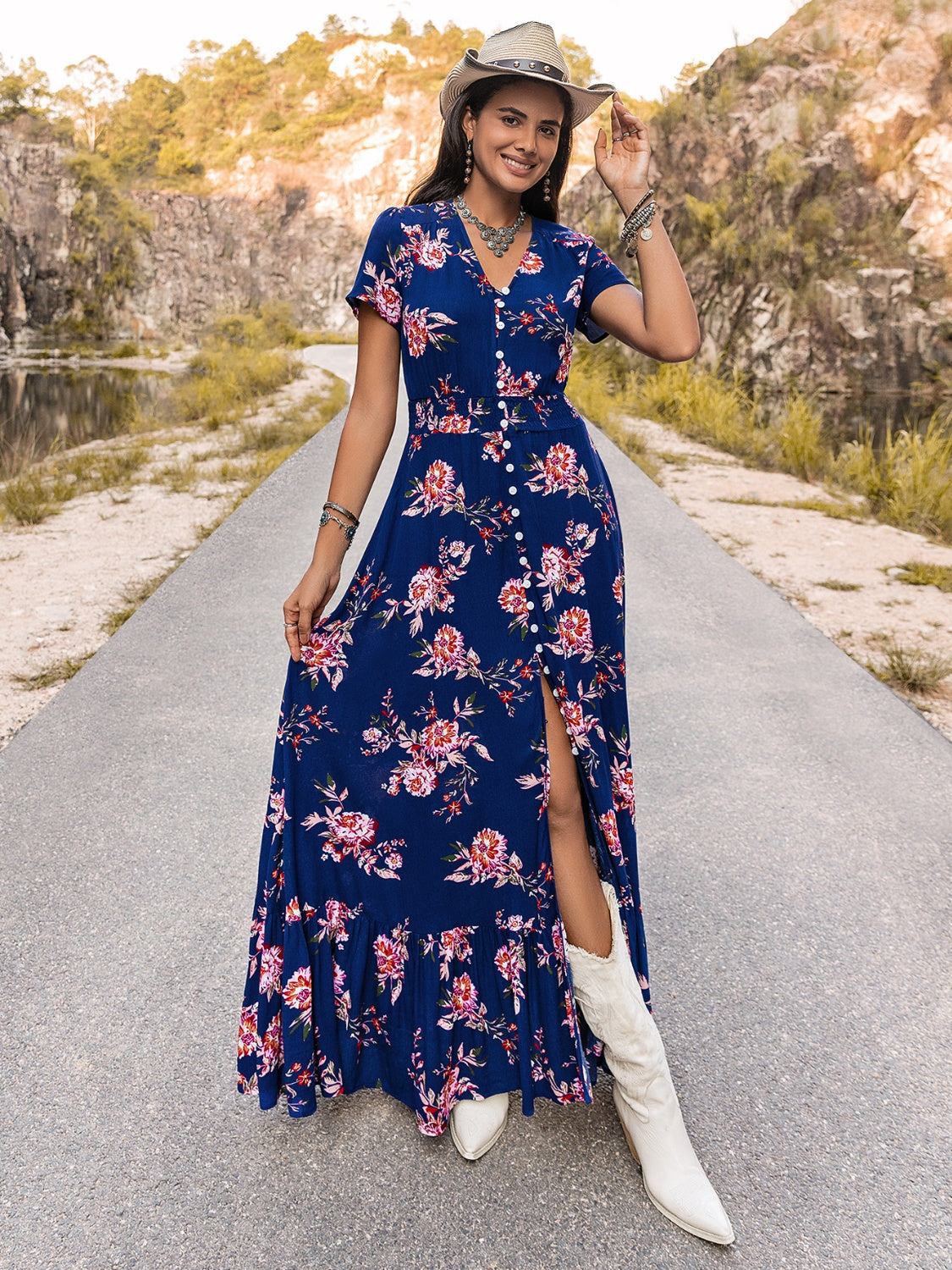 V-Neck Short Sleeve Maxi Dress BLUE ZONE PLANET