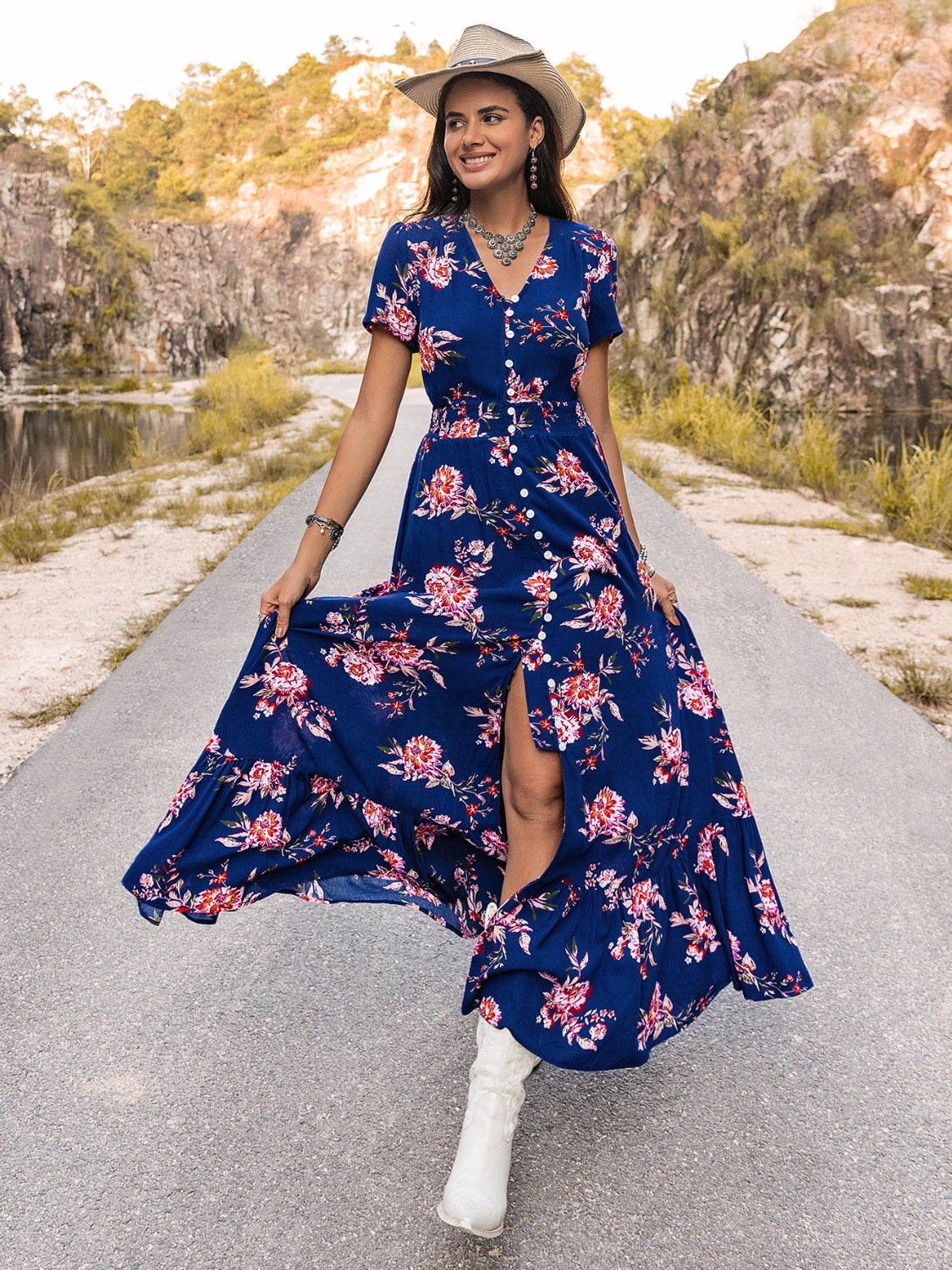 V-Neck Short Sleeve Maxi Dress BLUE ZONE PLANET