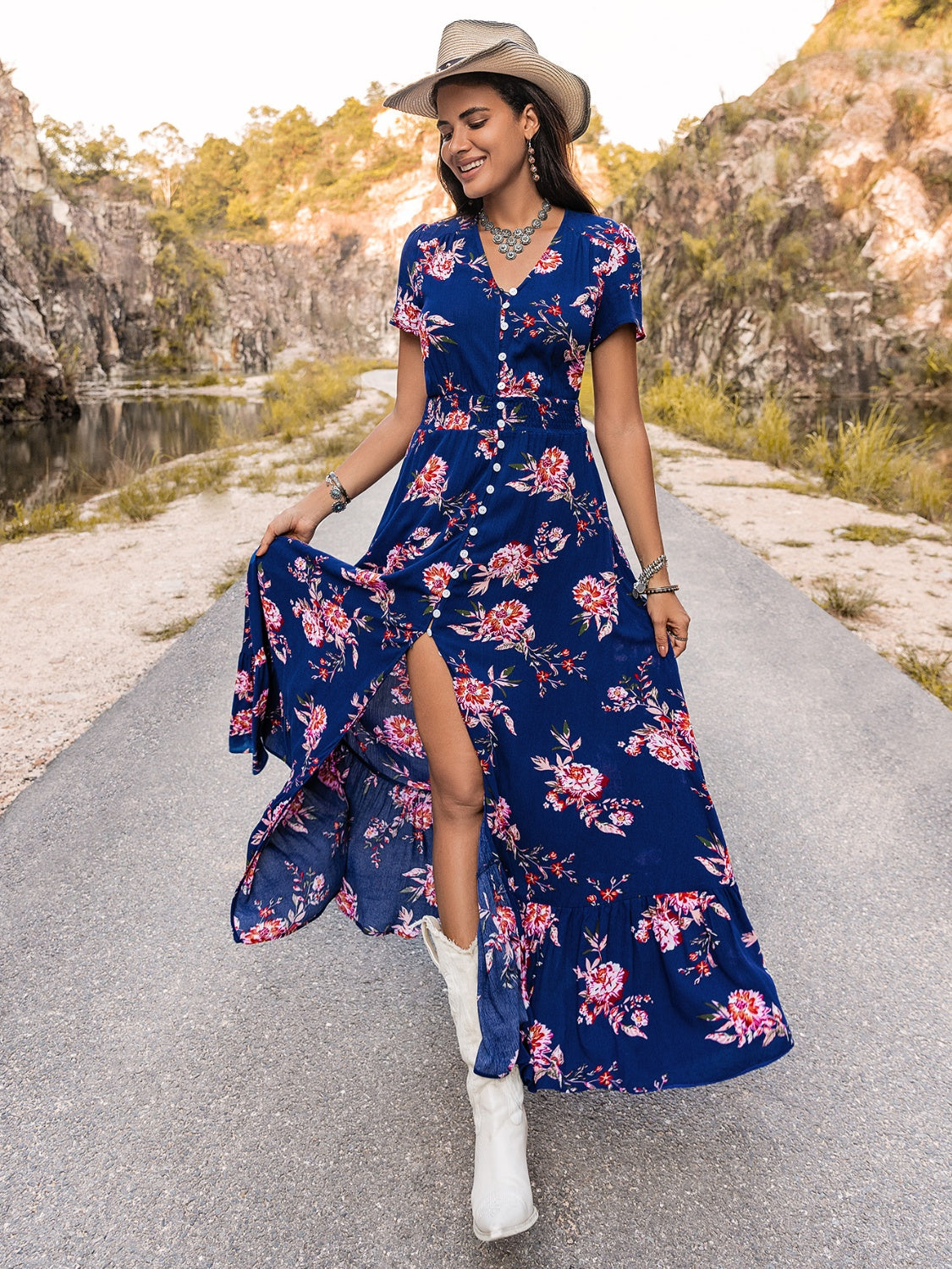 V-Neck Short Sleeve Maxi Dress BLUE ZONE PLANET