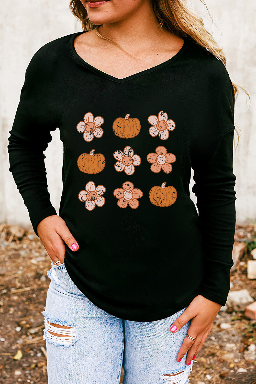 V-Neck Short Sleeve Pumpkin & Flower Graphic T-Shirt BLUE ZONE PLANET