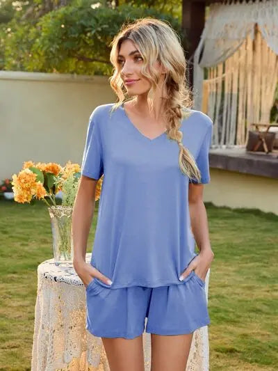 V-Neck Short Sleeve Top and Pocketed Shorts Lounge Set BLUE ZONE PLANET