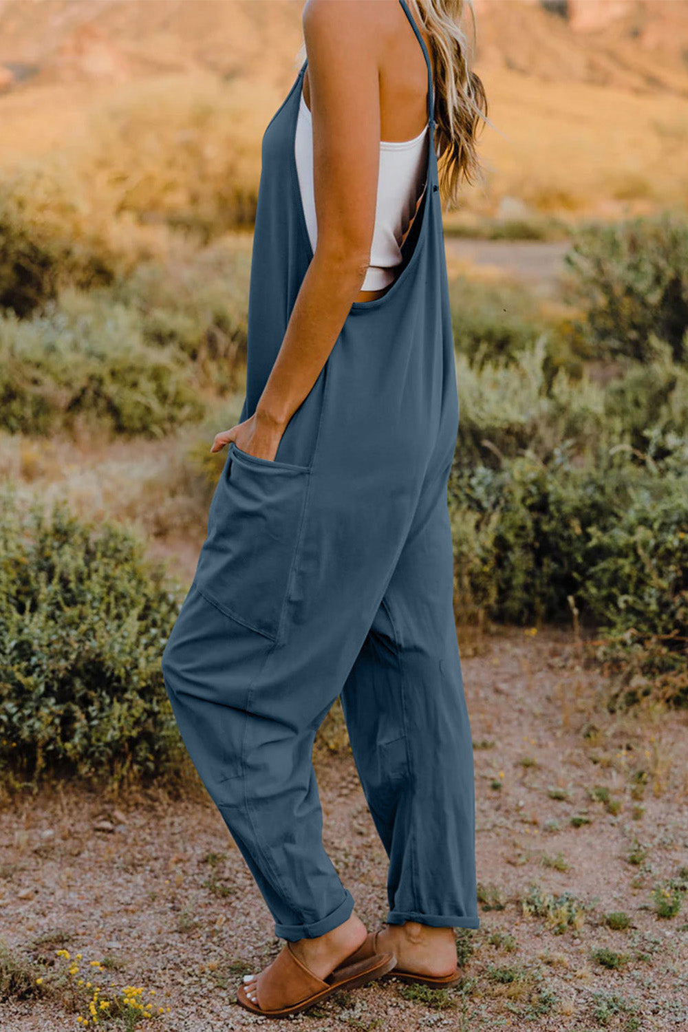 V-Neck Sleeveless Jumpsuit with Pocket BLUE ZONE PLANET