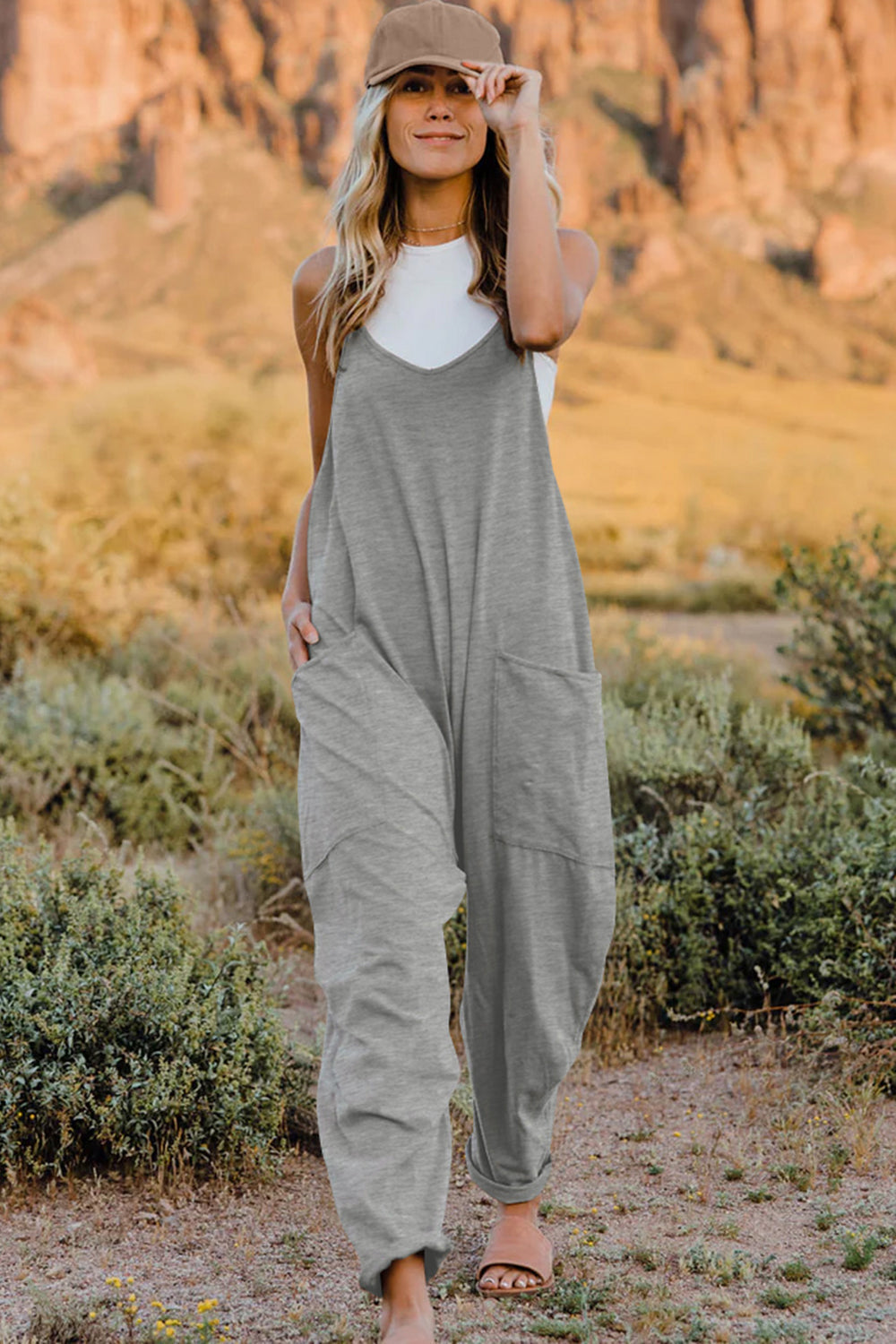 V-Neck Sleeveless Jumpsuit with Pocket BLUE ZONE PLANET