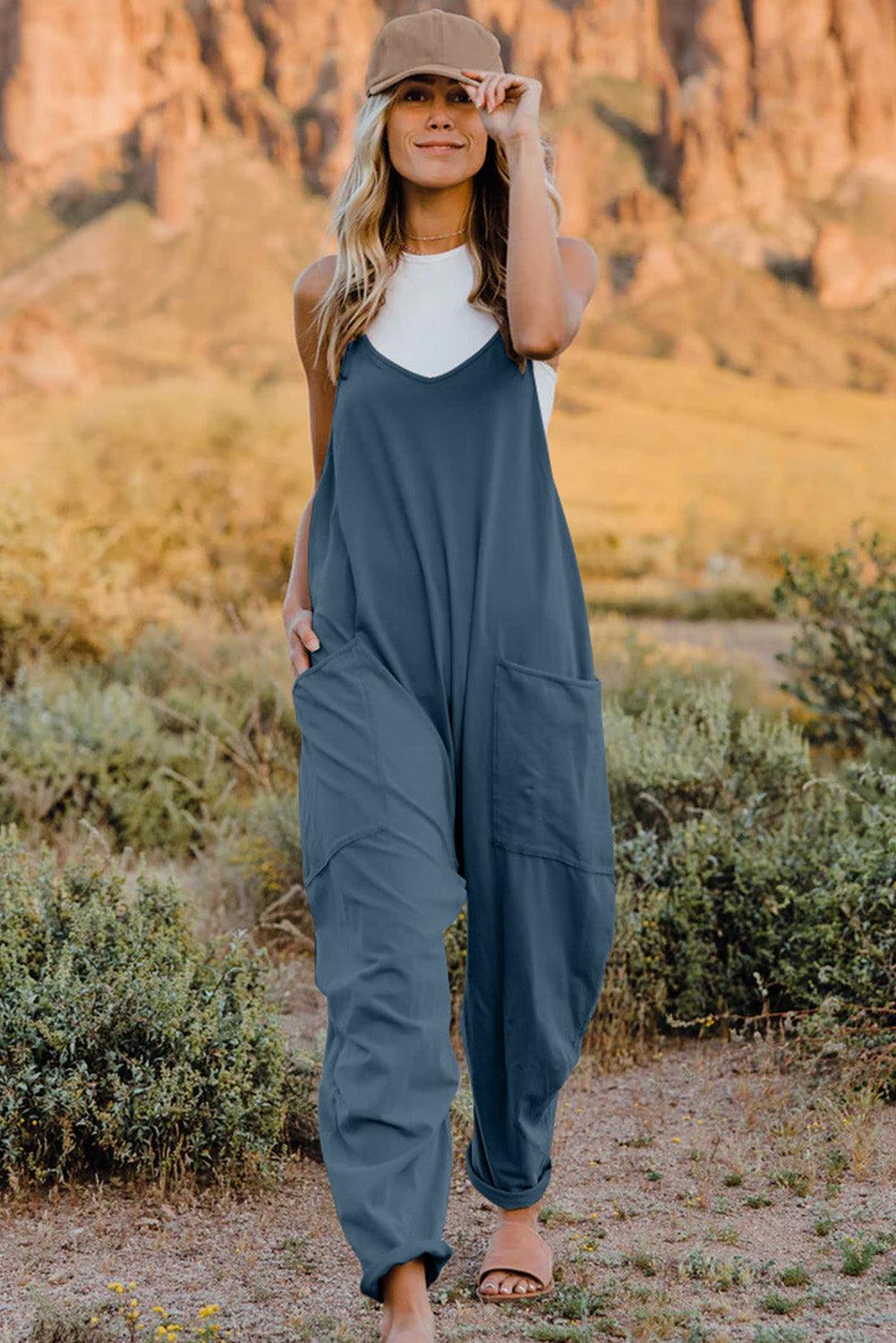 V-Neck Sleeveless Jumpsuit with Pocket BLUE ZONE PLANET