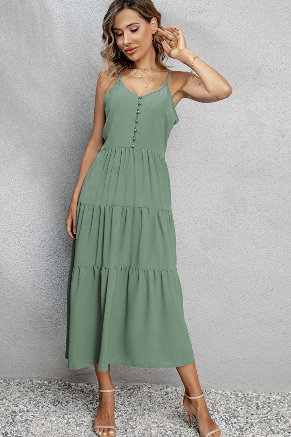 V-Neck Sleeveless Spaghetti Straps Midi Dress BLUE ZONE PLANET