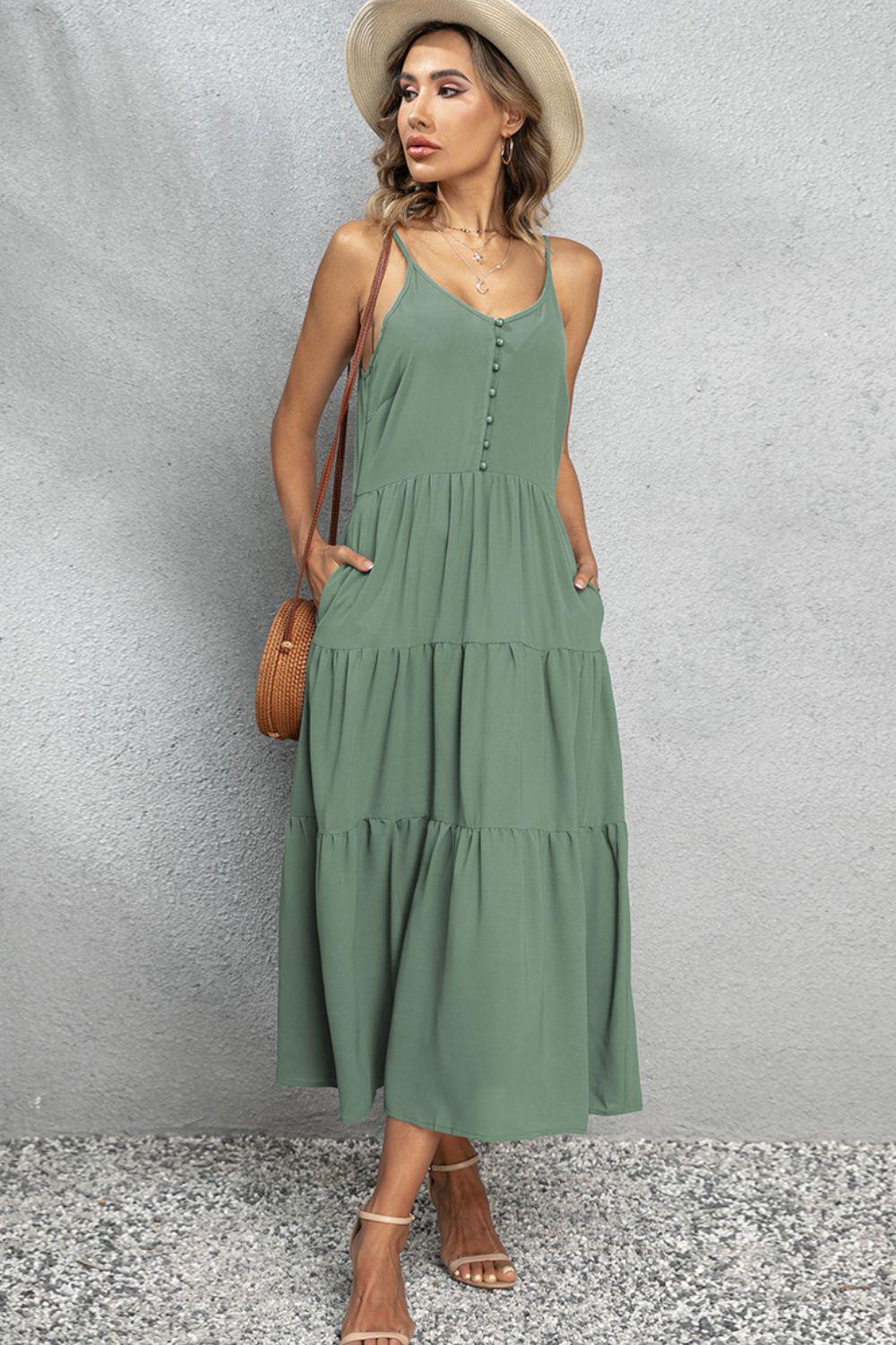 V-Neck Sleeveless Spaghetti Straps Midi Dress BLUE ZONE PLANET