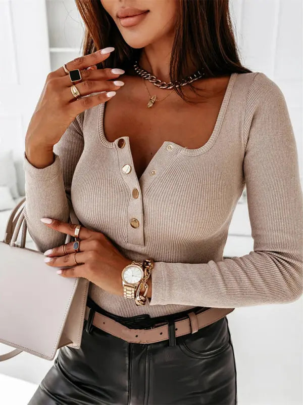 V Neck Slim Button Long Sleeve Knit Top kakaclo