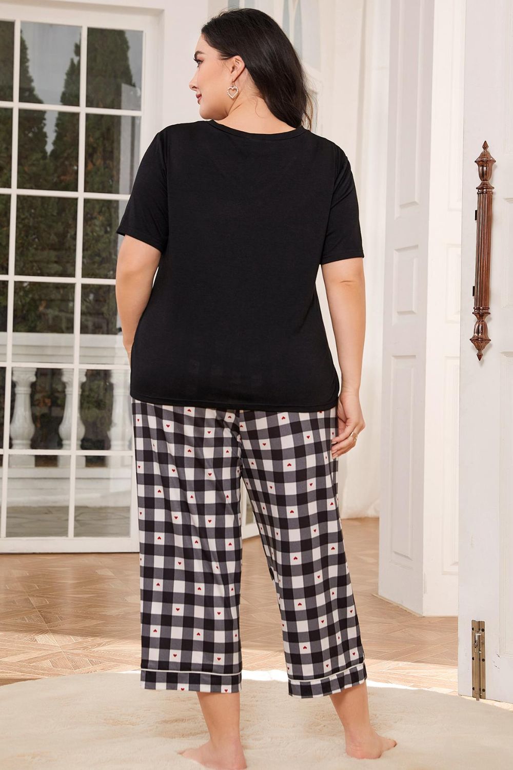 V-Neck Tee and Plaid Cropped Pants Lounge Set BLUE ZONE PLANET