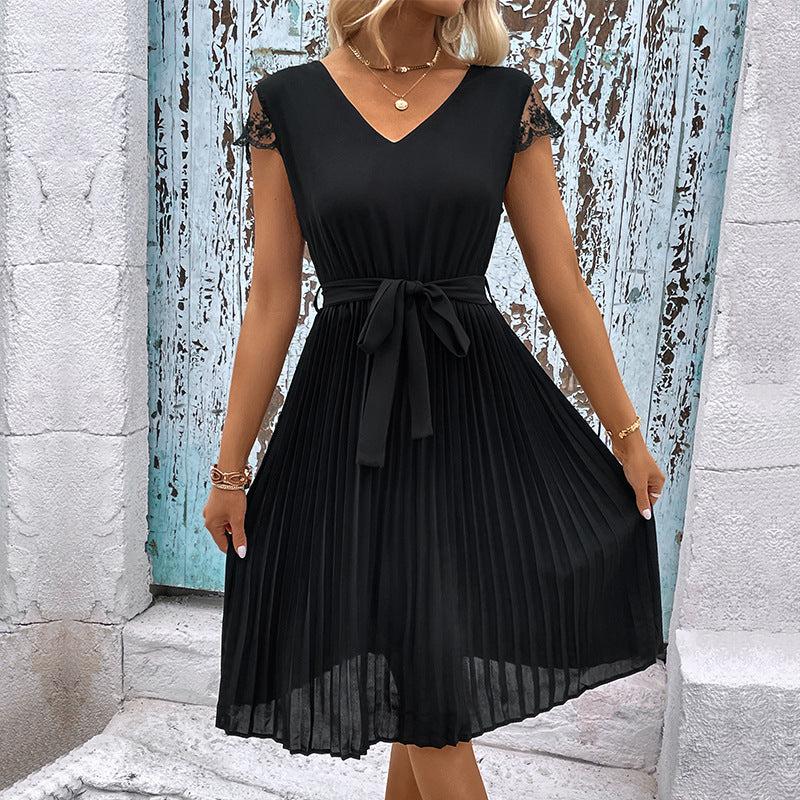 V-Neck Tie Belt Pleated Dress BLUE ZONE PLANET