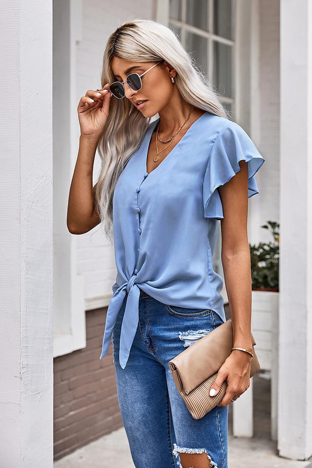 V-Neck Tie Hem Flutter Sleeve Blouse BLUE ZONE PLANET