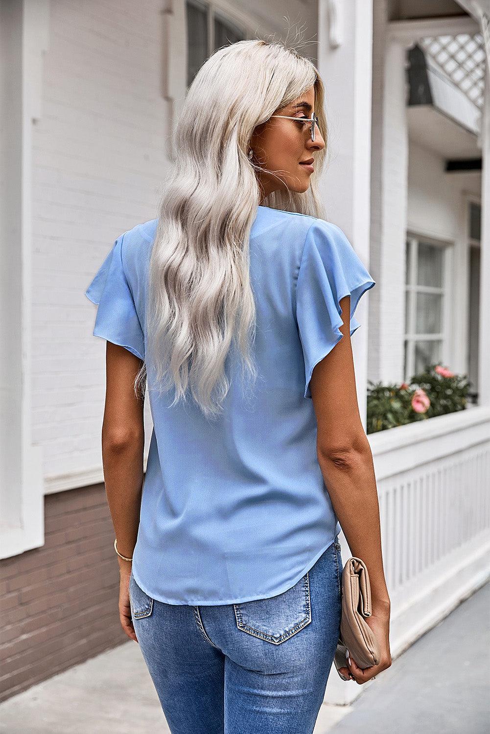 V-Neck Tie Hem Flutter Sleeve Blouse BLUE ZONE PLANET