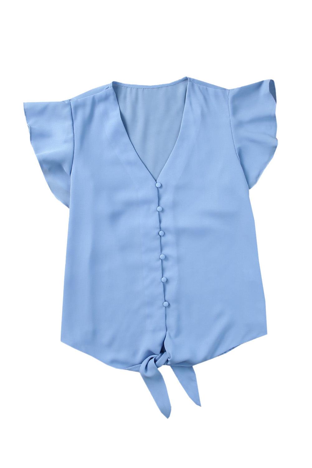 V-Neck Tie Hem Flutter Sleeve Blouse BLUE ZONE PLANET