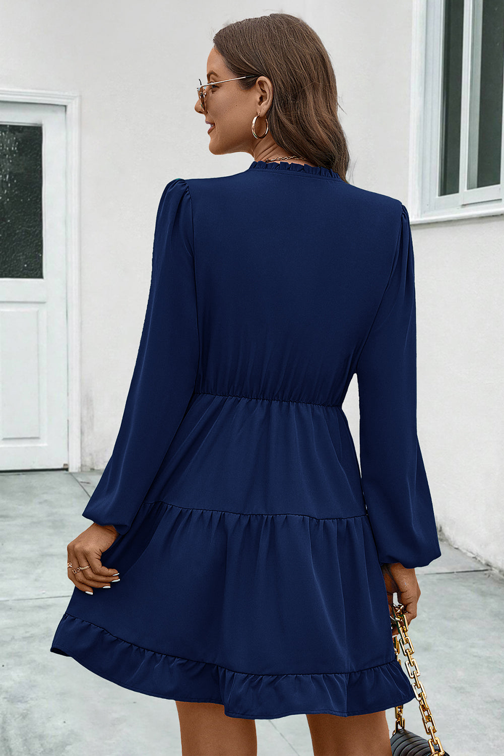 V-Neck Tie Neck Long Sleeve Dress BLUE ZONE PLANET