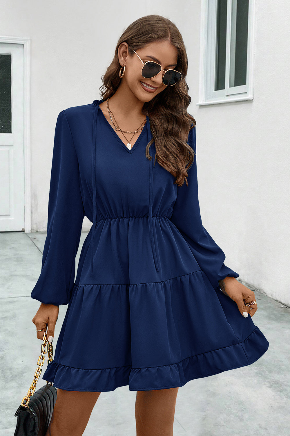 V-Neck Tie Neck Long Sleeve Dress BLUE ZONE PLANET